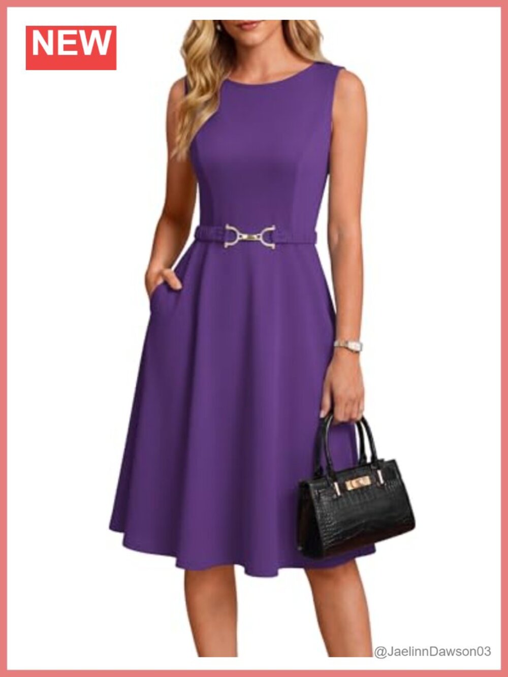 Sleeveless Flowy Midi Work Business Dress with Belt & Pockets